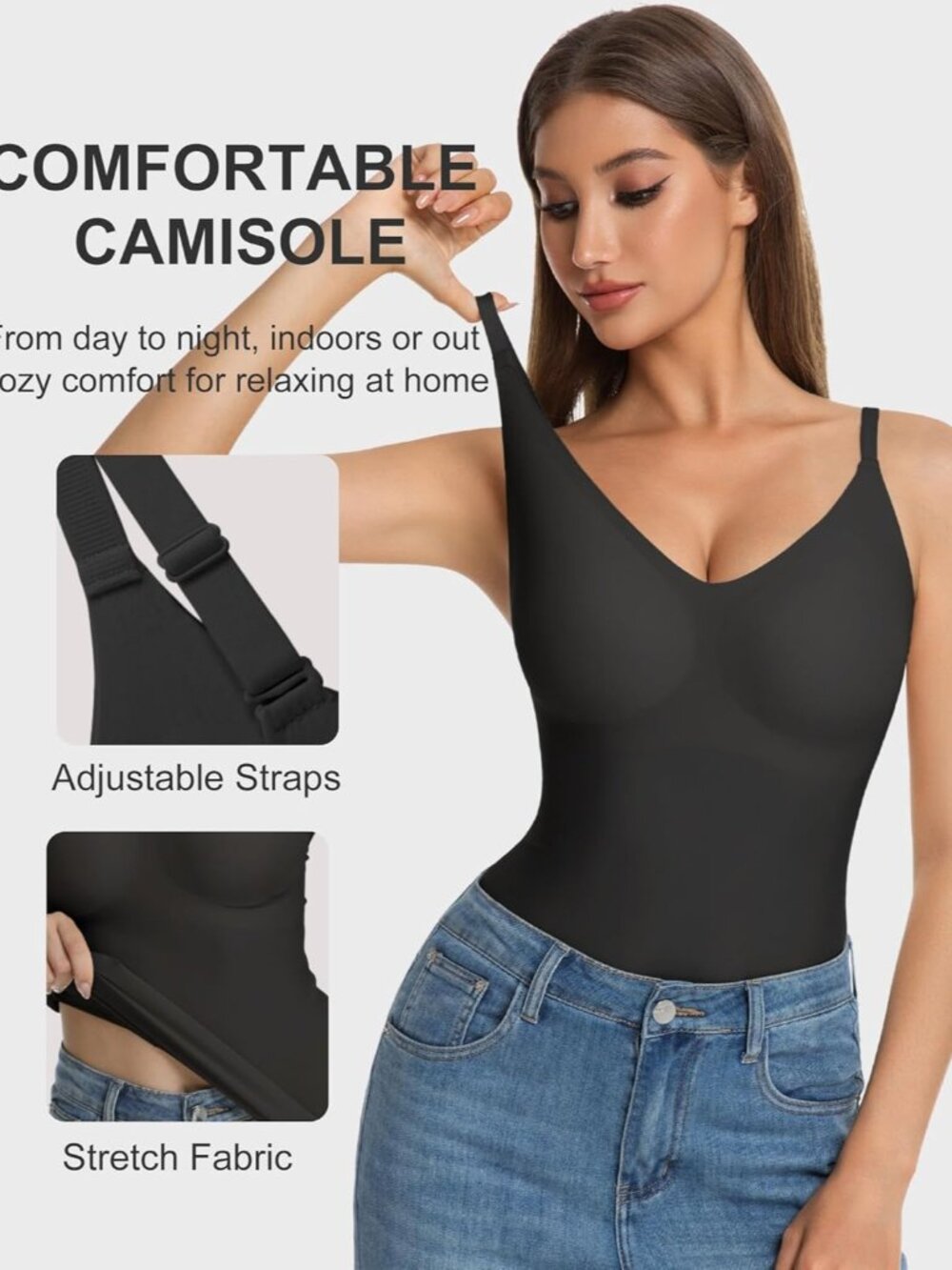 〽️ Women's Black Sleeveless V Neck Lace Seamless Bra Workout Summer Camisole Top - Picture 3 of 6